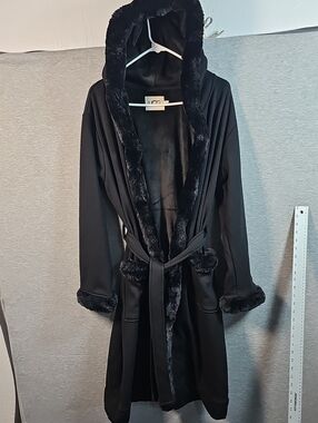 UGG Black Faux-Fur Trim Hooded Trench Coat
